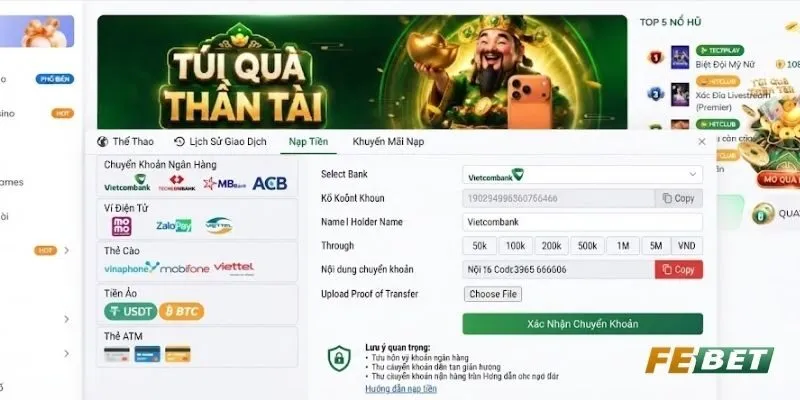 Nạp tiền FEBET dễ dàng